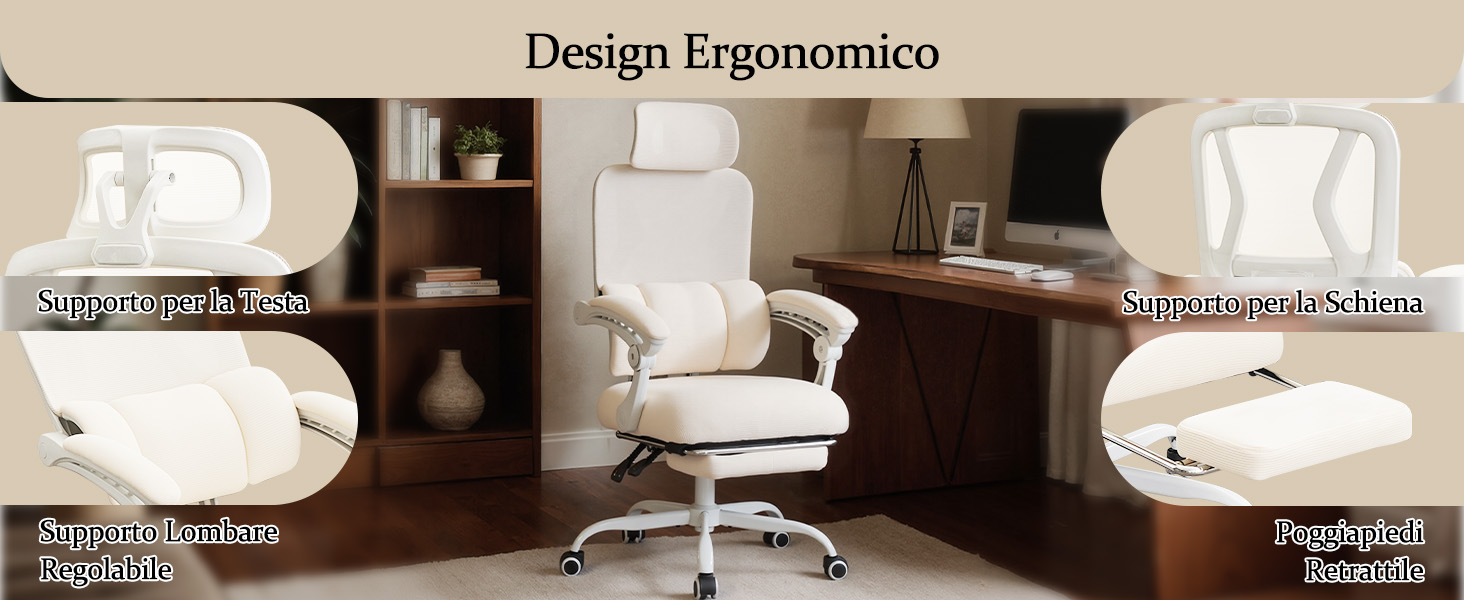 Il testo recita «Design Ergonomico». Visualizzazioni multiple delle specifiche del prodotto della sedia da ufficio bianca in formato layout.
