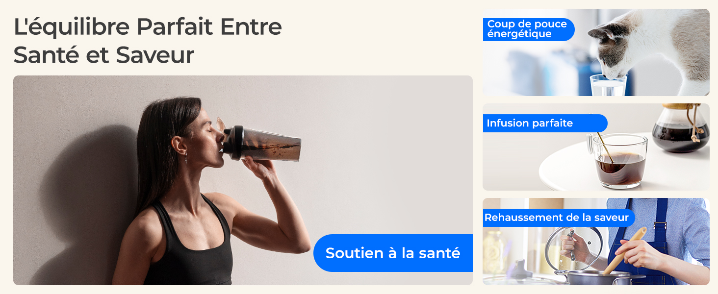 Le texte se lit comme suit : « L'équilibre parfait entre santé et Sauveur ». Série d'images de style de vie montrant la préparation et la consommation de café ou de boissons.
