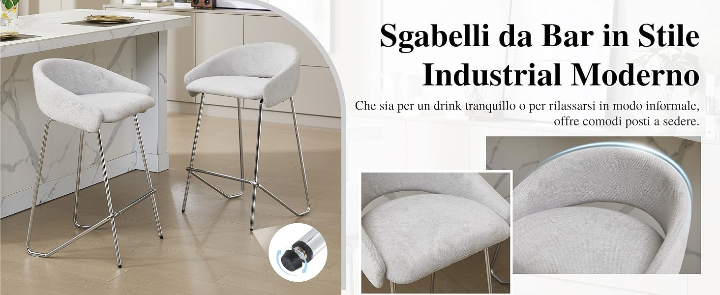 Il testo recita «Gabelli da Bar in Stile Industrial Moderno». Viste multiple di moderni sgabelli da bar in stile industriale mostrati da diverse angolazioni.