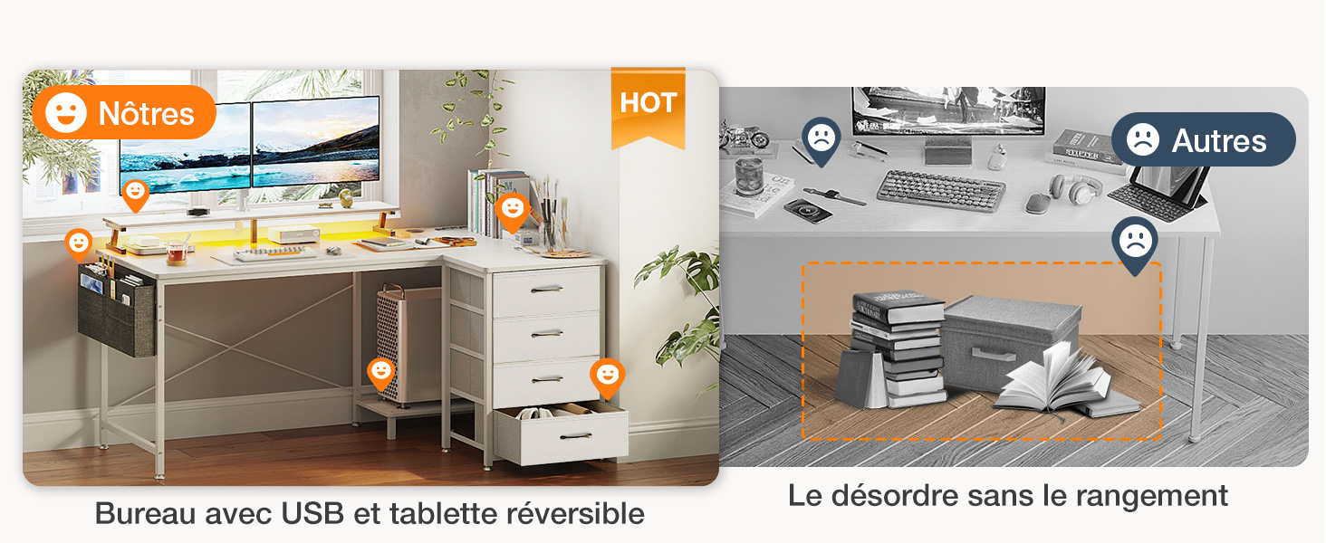 Image fractionnée comparant des configurations de bureau organisées à des configurations de bureau encombrées, avec un texte en français décrivant les fonctionnalités d'un bureau USB réversible