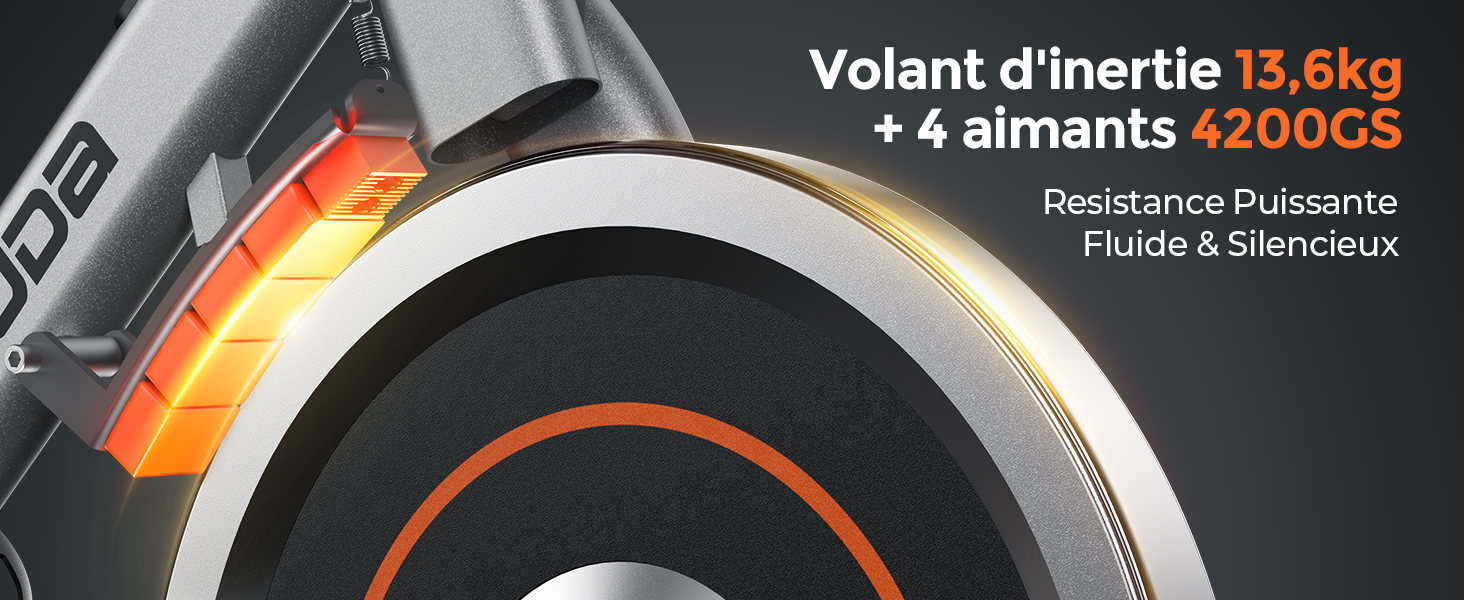 Le texte indique « Volant d'inertie 13,6 kg ». Image technique du produit en gros plan montrant un volant ou un composant mécanique avec des spécifications de mesure.