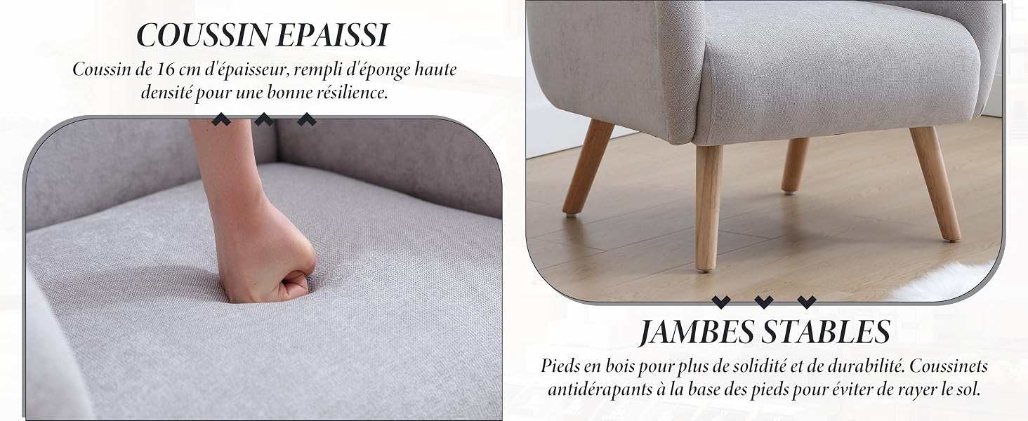 Pouf ou pouf rembourré gris avec pieds en bois. Deux panneaux indiquent l'épaisseur et la stabilité du coussin. Appuyez à la main sur un coussin doux et épais pour un confort optimal.