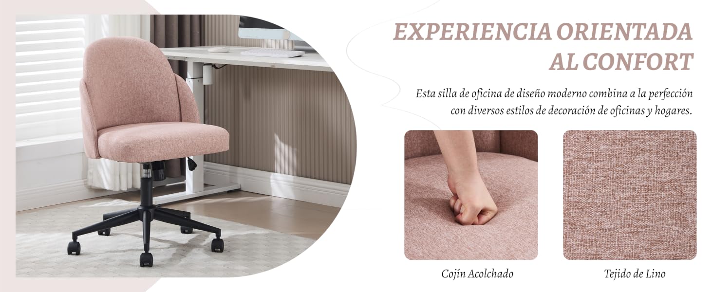 El texto dice «EXPERIENCIA ORIENTADA AL CONFORT». Varias escenas interiores de oficinas muestran sillas ergonómicas y configuraciones de espacio de trabajo centradas en la comodidad y la funcionalidad.