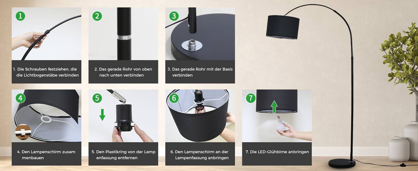 Montageanleitung für eine schwarze Bogen-Stehlampe. In sieben Schritten werden der Sockel, die Mastteile und der Schirm angebracht, die Stromversorgung angeschlossen und die berührungsempfindliche Steuerung für verschiedene Beleuchtungsmodi verwendet