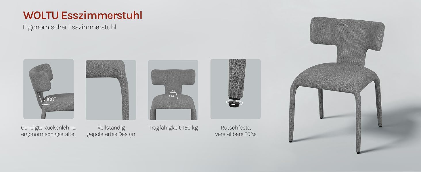 Der Text lautet „WOLTU Esszimmerstuhl“. Technisches Diagramm, das verschiedene Ansichten und Komponenten eines modernen Stuhldesigns in Grau zeigt.