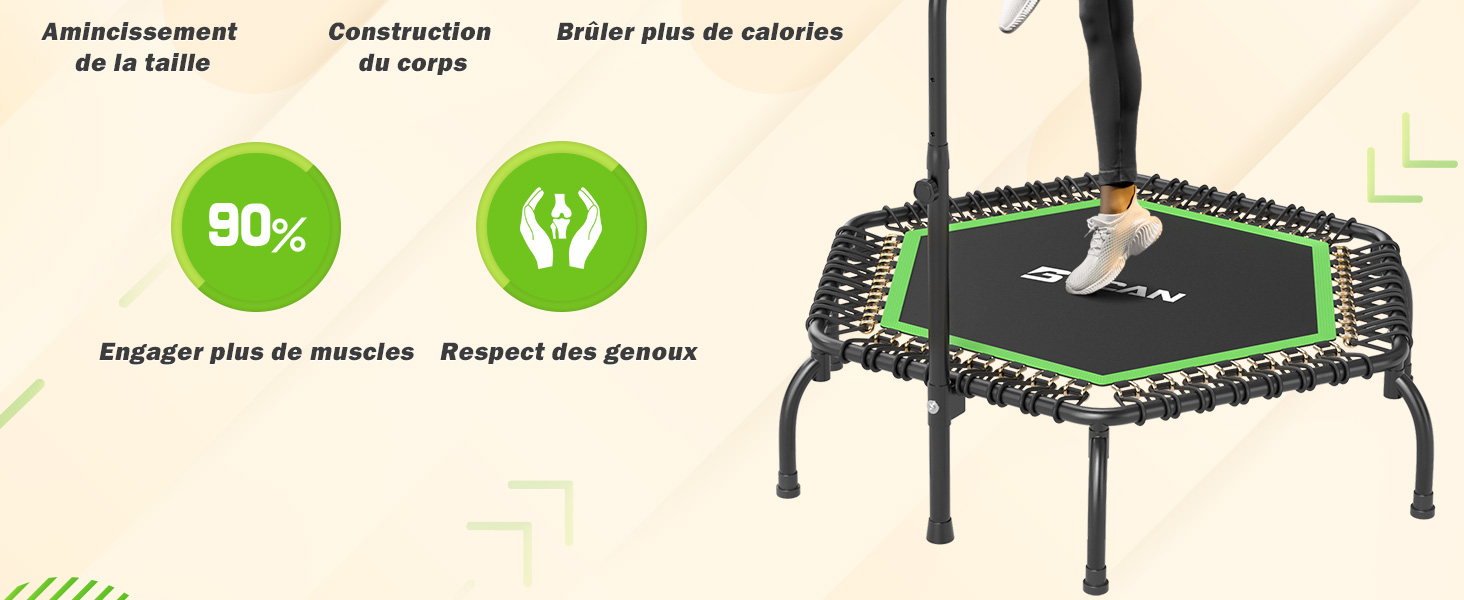avec bord vert. L'infographie montre 90 % pour « Amincissement de la taille », une icône musculaire pour « Construction du corps » et une icône en forme de flamme pour « Brûler plus de calories »