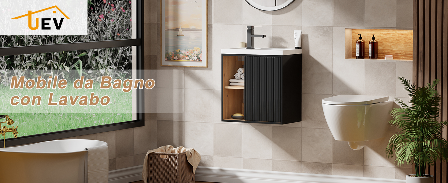 Mobile da bagno moderno con rubinetto nero opaco e lavandino in ceramica bianca, dal design pulito e minimalista.