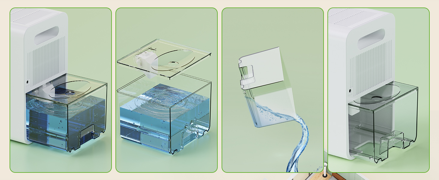 Vierteilige Illustration mit an der Wand montierten transparenten Kunststoffspendern, die die Schritte zur Installation oder Montage eines Flüssigkeitsabgabesystems veranschaulicht.