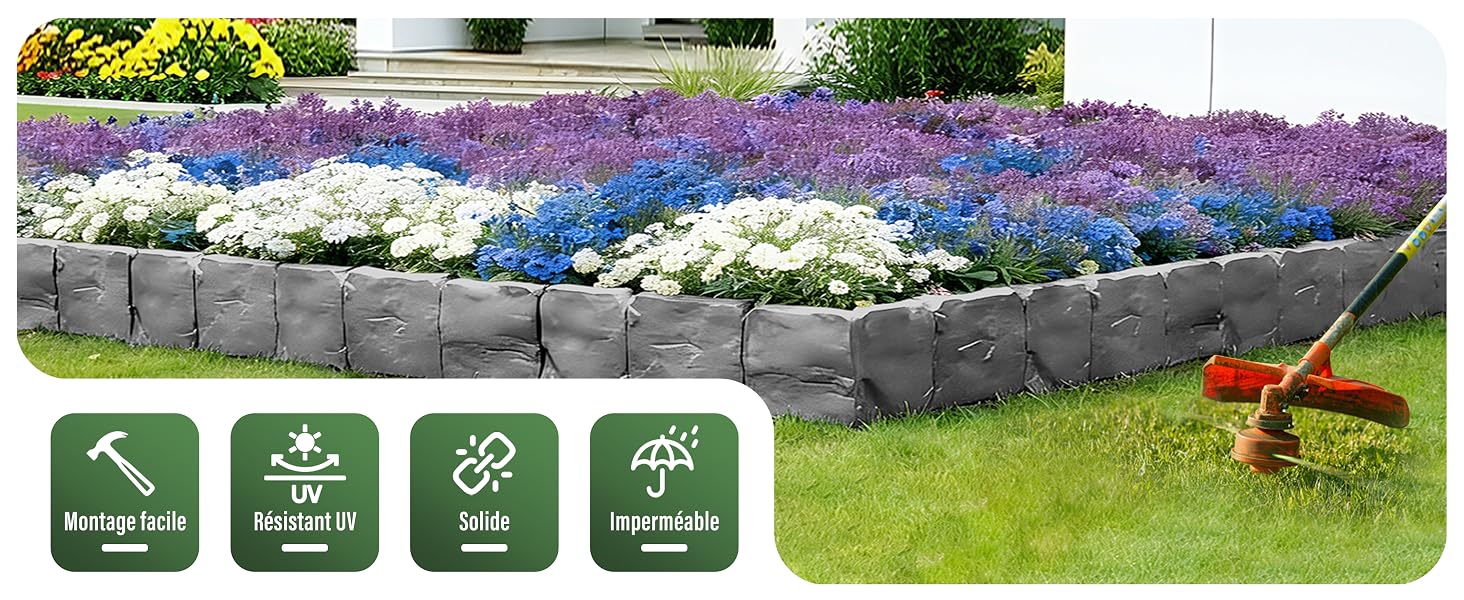 Visualización del diseño paisajístico que muestra la distribución del jardín con plantas con flores e iconos verdes que indican las características del producto a continuación.