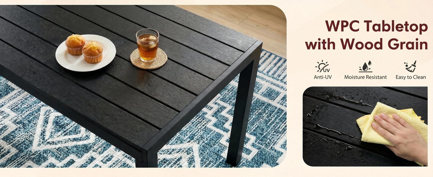 Text reads 'WPC Tabletop With Wood Grain'. Black rectangular table with wood grain surface detail shown in outdoor setting with place settings, plus close-up inset of wood texture.
