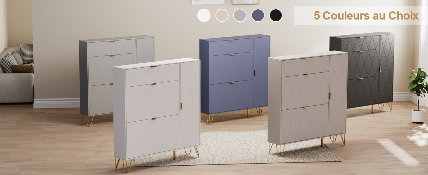 Série de meubles de rangement ou de classement blancs disposés dans différentes configurations contre des murs blancs dans un décor intérieur minimaliste.
