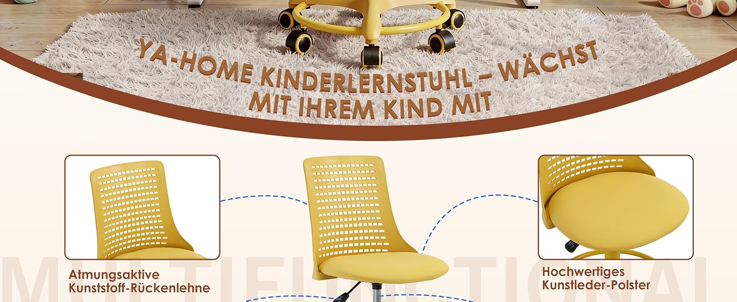 Der Text lautet: „TA-HOME KINDERLERNSTUHL - WACHST MIT IHREM KIND MIT“. Technisches Diagramm, das die Ausstattung des verstellbaren Kinderstuhls in mehreren Positionen zeigt.