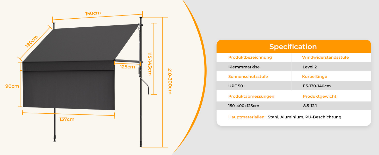 Technische Spezifikationen und Installationsdiagramme mit Montagedetails für ein scheinbar Fenster- oder Projektionsleinwandsystem mit mehreren Ansichten und Abmessungen.