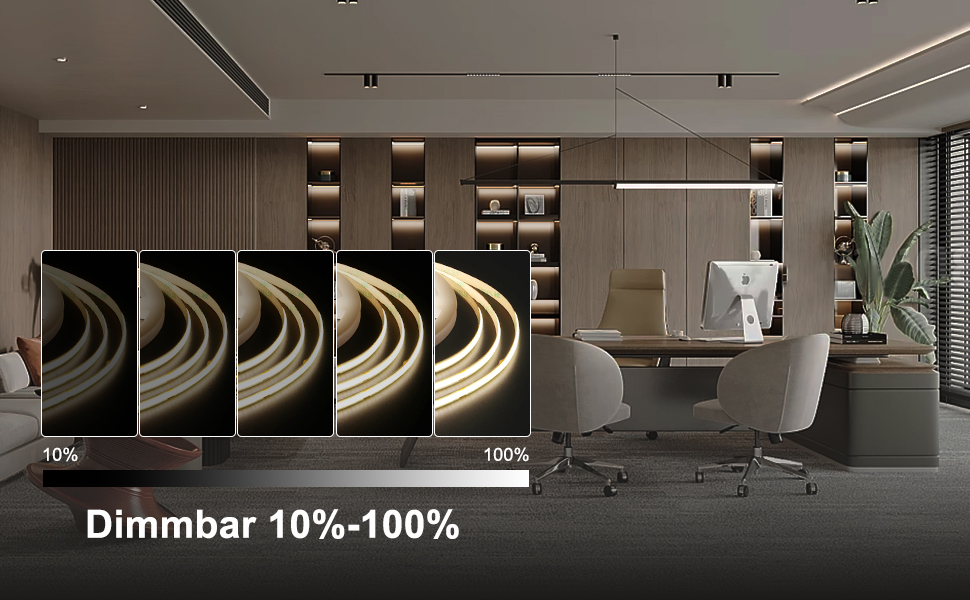 Modernes Büro mit dimmbarer Beleuchtung. Fünf Paneele zeigen eine Lichtintensität von 10 bis 100% und sorgen so für eine einstellbare Beleuchtung in einem eleganten Arbeitsbereich mit Schreibtisch und Stühlen
