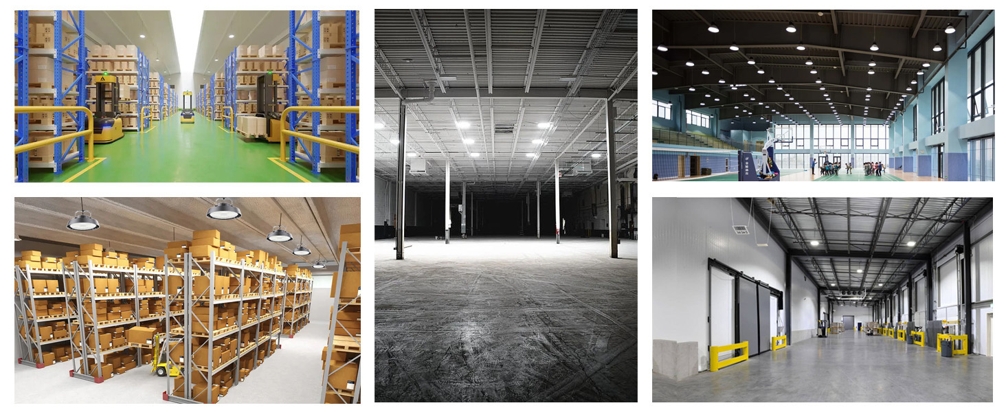 Collage aus sechs Bildern von Lagerhallen und Lagerhallen, die Regale, leere Räume und industrielle Innenräume mit hohen Decken und Betonböden zeigen