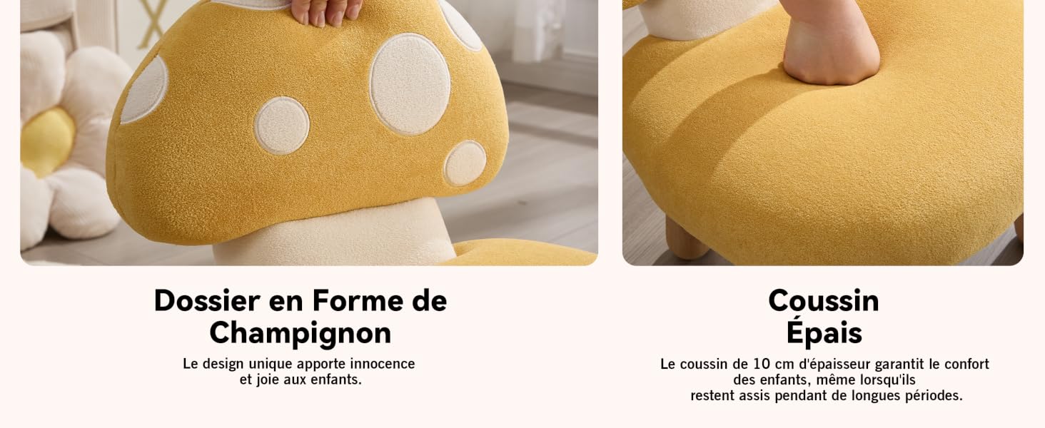 Le texte se lit comme suit : « Dossier en Forme de Champignon », « Coussin ». Des objets décoratifs dorés ou jaunes en forme de champignon présentés sous de multiples angles.