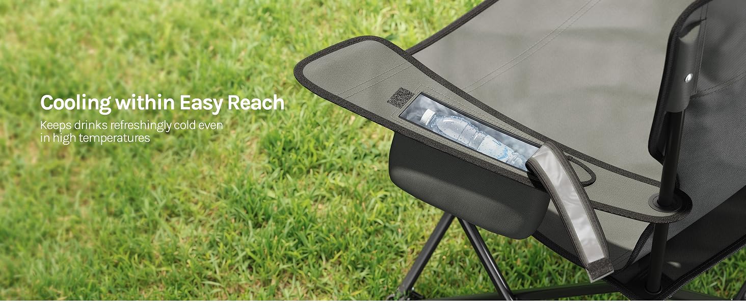 Text reads 'Cooling within Easy Reach'. Close-up of dark fabric material on grass surface with visible texture and portable design elements.