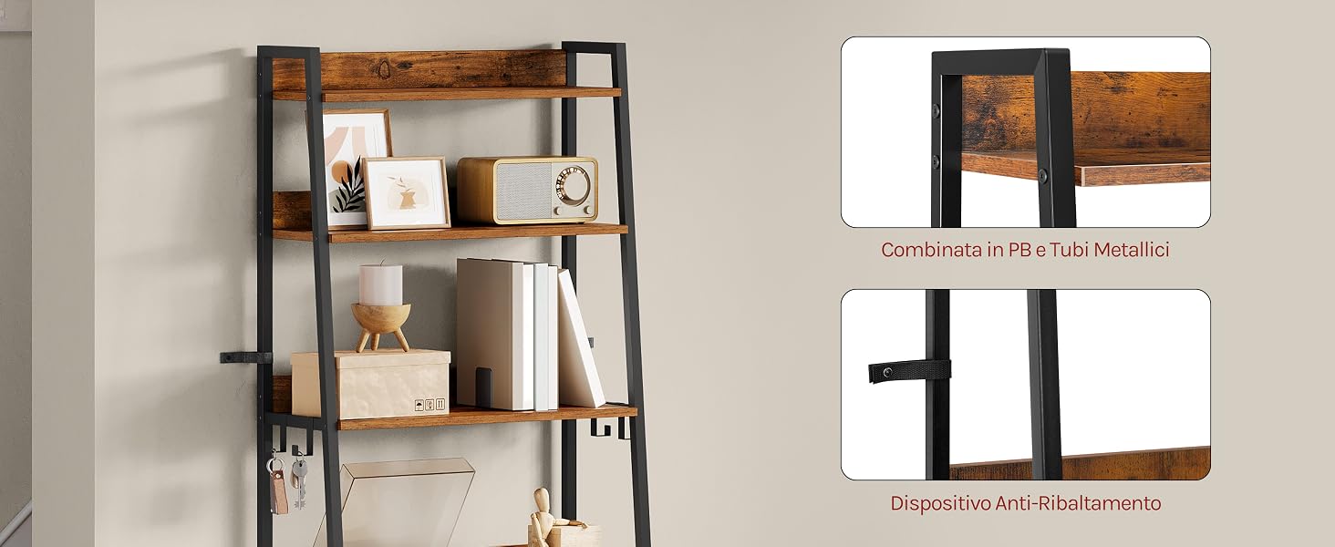 Sistema di mensole a parete con struttura in metallo nero e ripiani bianchi. Visualizzazioni multiple che mostrano le configurazioni di installazione e visualizzazione del prodotto finito.