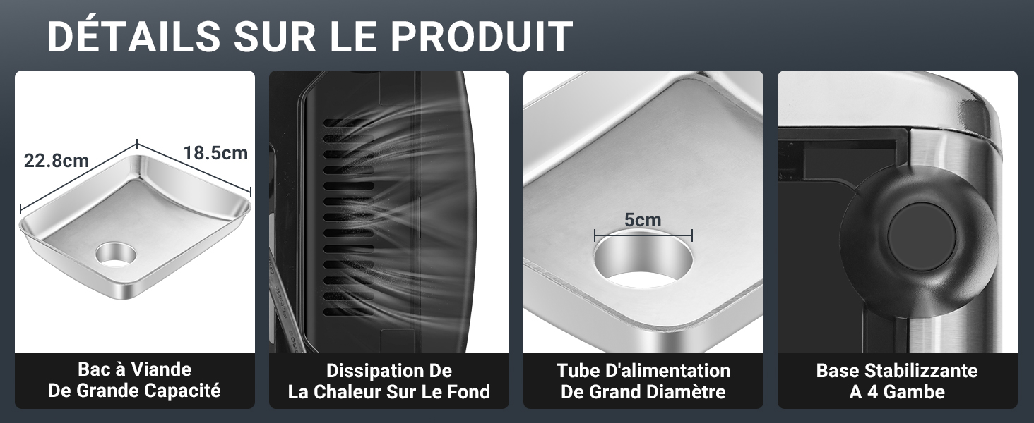 Détails du produit montrant une surface de cuisson de 22,8 cm, une poêle antiadhésive de 18,4 cm, un tube de grande capacité et une base
