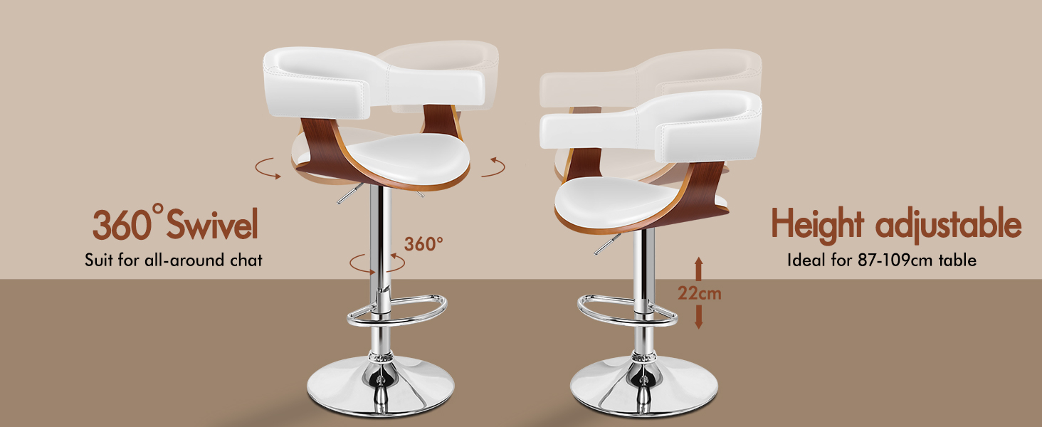 Text reads '360° Swivel', 'Height adjustable'. Monitor arm mounting system showing adjustable components and swivel mechanism with technical specifications.