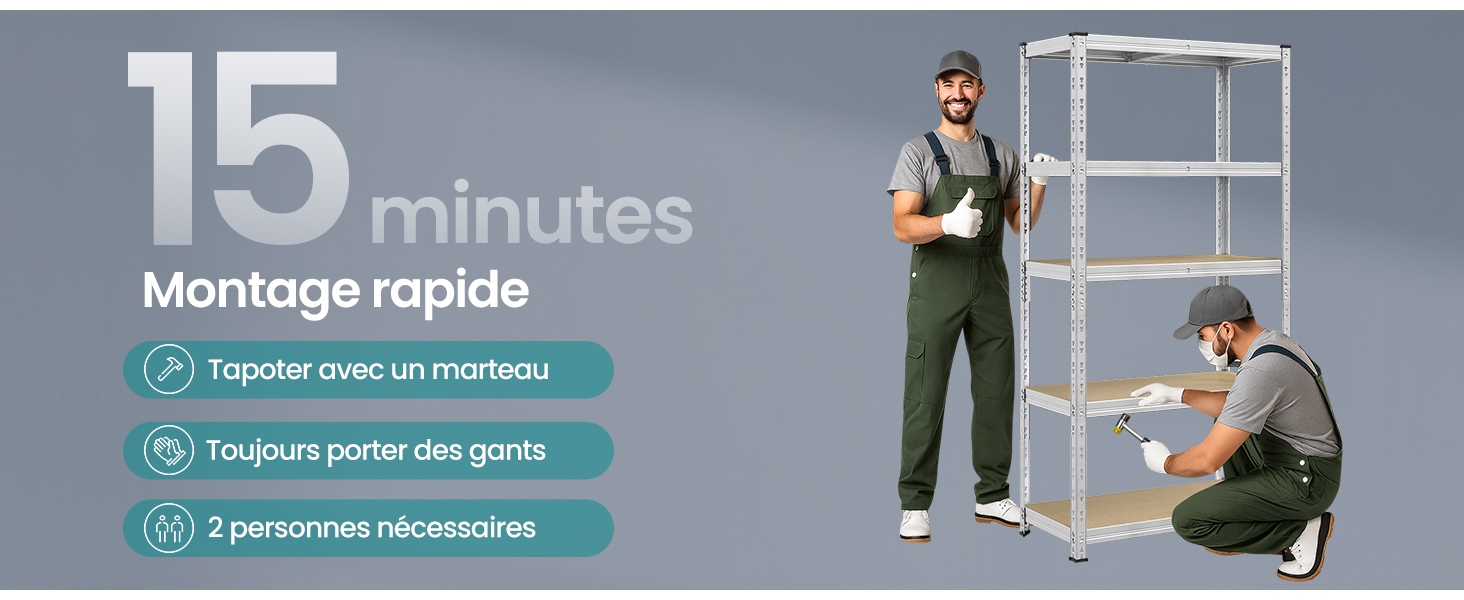 Le texte indique « 15 minutes de montage rapide » avec des icônes d'instructions et une illustration montrant deux personnes assemblant une structure.