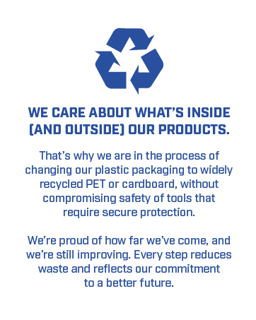 Text reads 'WE CARE ABOUT WHAT'S INSIDE (AND OUTSIDE) OUR PRODUCTS.' and details about changing plastic packaging to recycled materials. Shows recycling symbol and environmental commitment message.