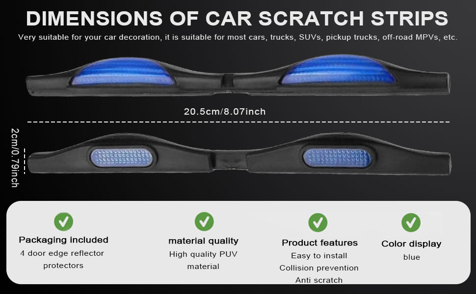 Car door scratch protection strips with blue LED lighting, measuring 20.5cm. Product features include high-quality PVC material and collision prevention capabilities.