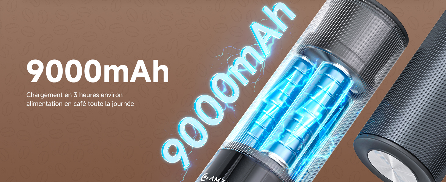 Le texte indique « 9 000 mAh ». Photos du produit d'une batterie externe cylindrique noire ou d'un bloc-batterie avec écran lumineux bleu indiquant le niveau de charge.