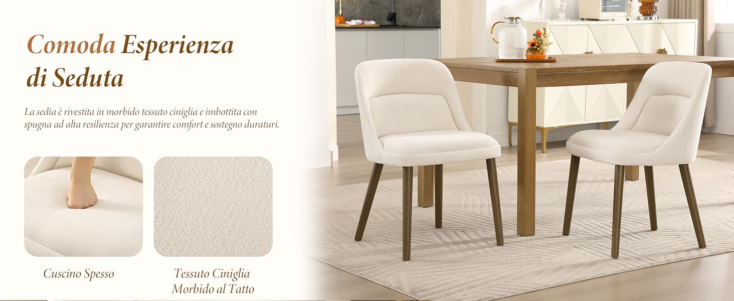 Il testo recita: 'Comoda Esperienza di Seduta'. Viste multiple di sedie da pranzo imbottite con schienali curvi in tessuto crema/beige attorno al tavolo da pranzo in legno.