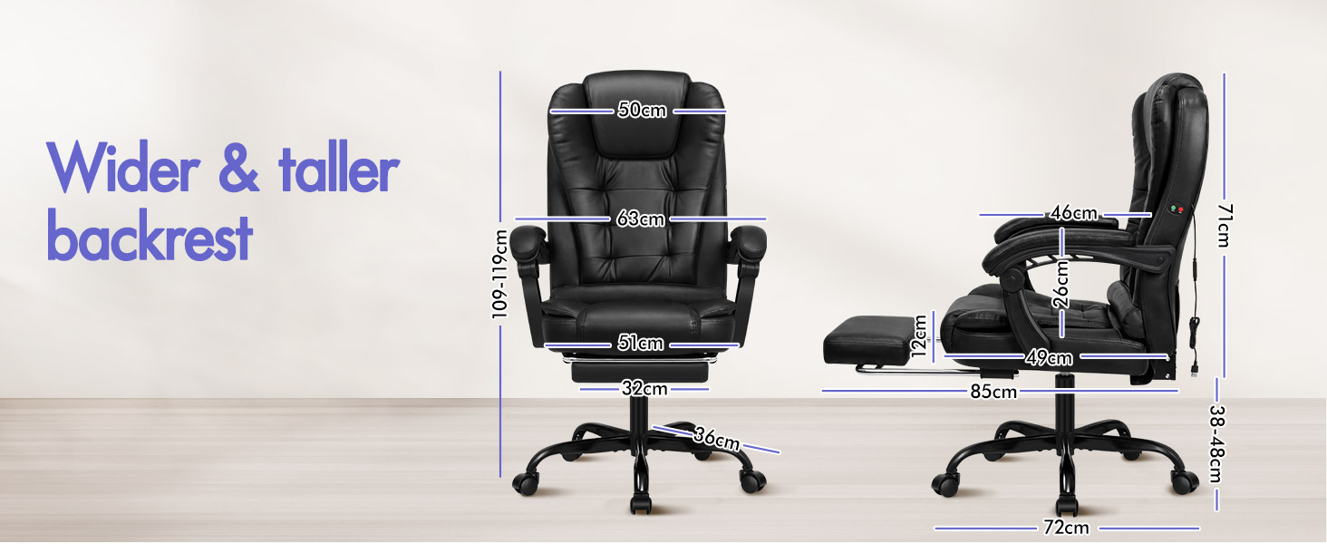 Text reads 'Wider &amp; taller backrest'. Two black office/gaming chairs shown side-by-side displaying different backrest heights and widths for comparison.