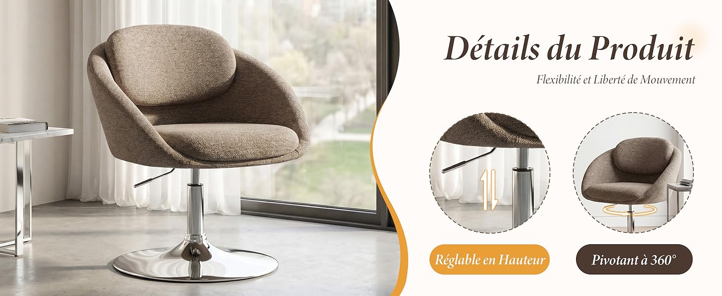 Le texte indique « Détails du produit ». Présentation interactive de produits présentant sous plusieurs angles un design de chaise pivotante moderne dans des tons neutres, avec un revêtement en cuir et des caractéristiques réglables.