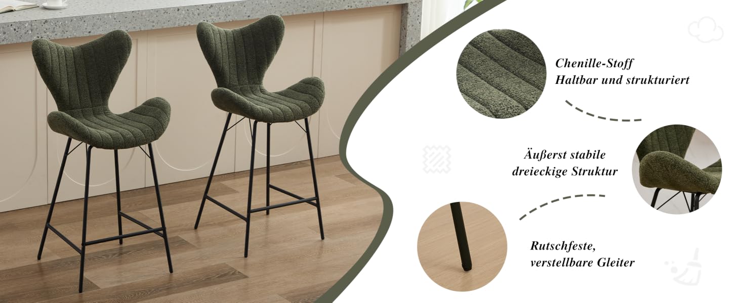 Technisches Diagramm, das Komponenten eines modernen Barstuhldesigns mit dunkel gepolsterter Sitzfläche und Metallrahmen zeigt, einschließlich Material- und Konstruktionsdetails.