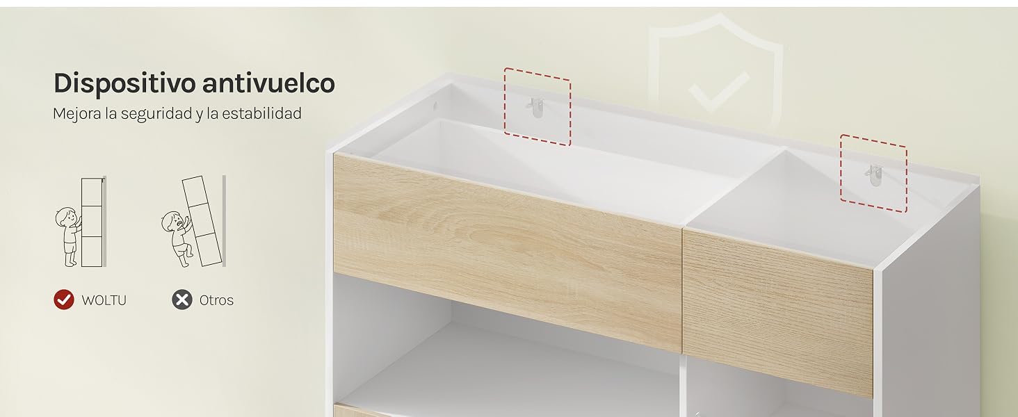 El texto dice «Dispositivo antiruido». Diagrama técnico que muestra las instrucciones de montaje de un mueble con componentes y puntos de conexión de madera.