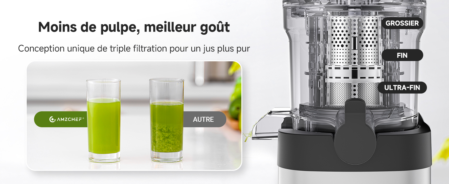 Image fractionnée montrant des boissons vertes dans des verres et un schéma technique d'un mécanisme de filtrage avec plusieurs composants étiquetés.
