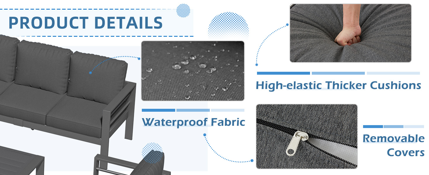 Text reads 'PRODUCT DETAILS', 'High Elastic Thicker Cushions', 'Waterproof Fabric', 'Removable Cover'. Features diagram of grey sofa showing material and construction details.