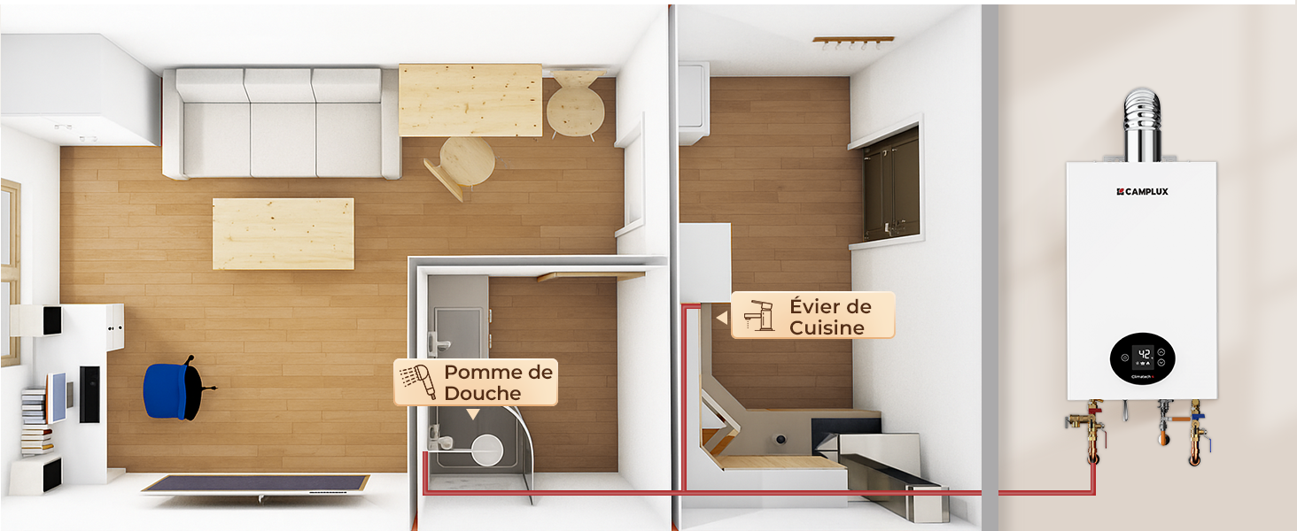 Vue du plan d'étage supérieur montrant la disposition de l'appartement avec le schéma d'installation du chauffe-eau. Les lignes rouges indiquent l'acheminement des conduites d'eau dans les pièces.