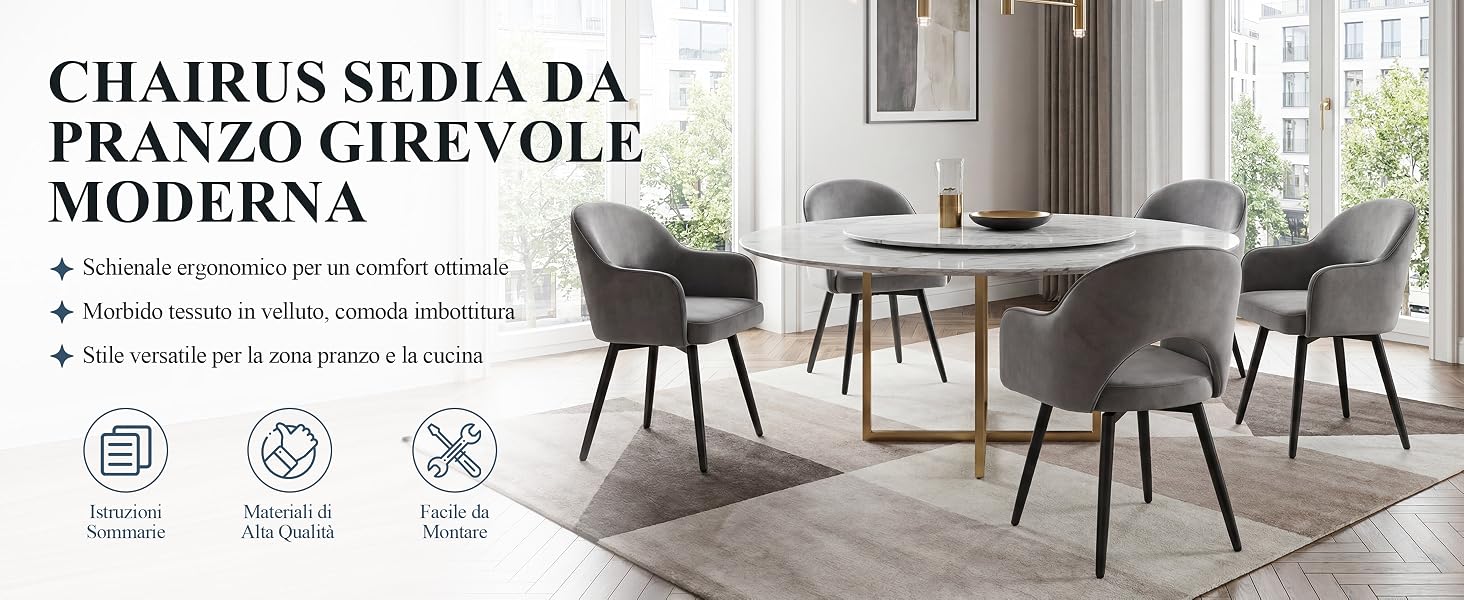Il testo recita 'CHAIRUS SEDIA DA PRANZO GIREVOLE MODERNA' con elenchi puntati che elencano le caratteristiche. Moderno set di mobili per sala da pranzo con sedie girevoli imbottite grigie e tavolo rotondo con base in metallo.