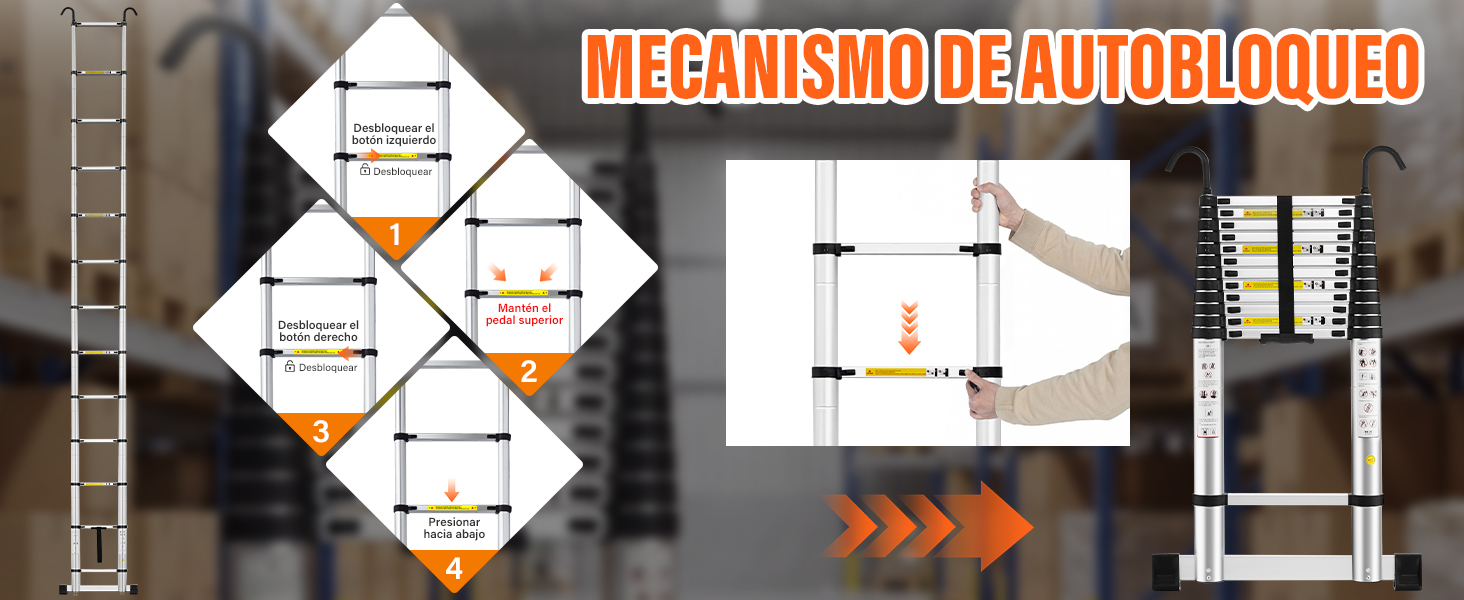 El texto dice «MECANISMO DEADBLOQUEO». Serie de diagramas técnicos que muestran el mecanismo de bloqueo de una escalera con indicadores direccionales de color naranja y demostraciones de múltiples posiciones.