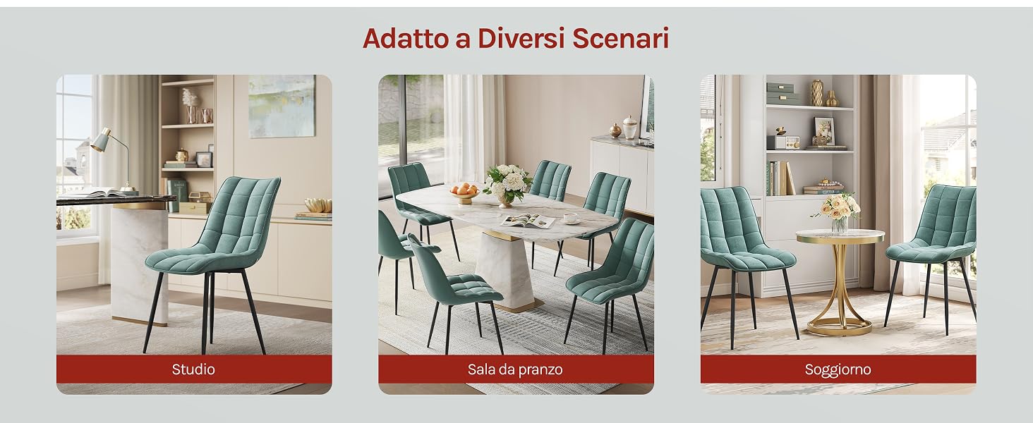 Set di sedie da pranzo moderne esposte in una sala da pranzo. Viste multiple di sedie color verde acqua con gambe in legno attorno a un tavolo da pranzo.