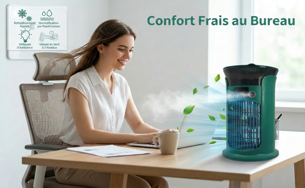 Le texte indique « Comfort Frais au Bureau ». Femme en beige assise à un bureau en bois utilisant un organiseur de poubelle en maille verte, avec une plante en pot à proximité.