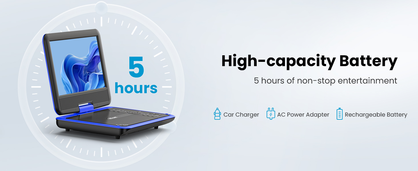 Up to 5 hours. AC power adapter and car charger compatibility.