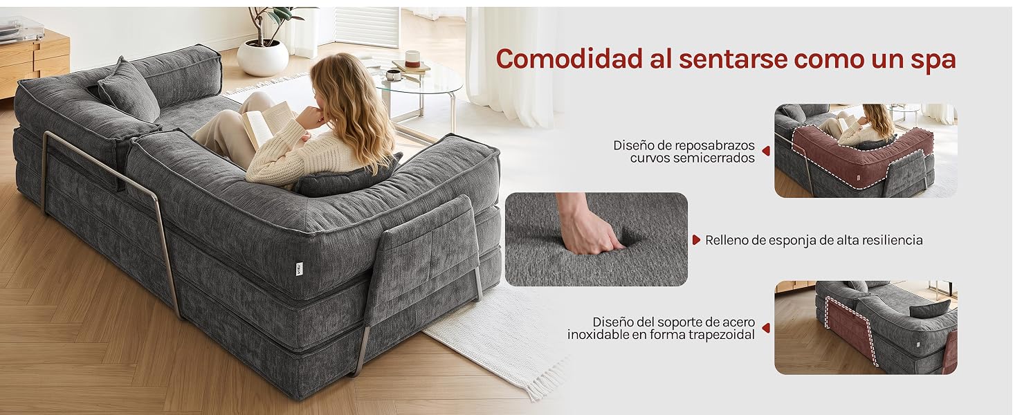 El texto dice «Comodidad al sentarse como un spa». Sillón tapizado en gris con una persona relajándose, que muestra múltiples detalles de amortiguación, base y características de confort.