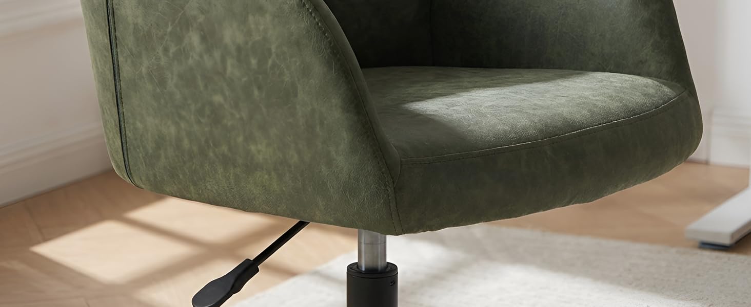Chaise de bureau rembourrée vert olive avec accoudoirs incurvés et rembourrage moelleux, présentant des éléments de design modernes.