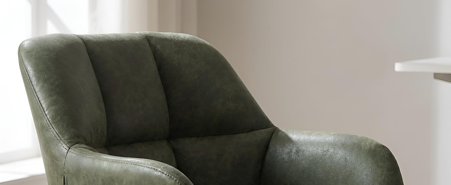 Chaise de bureau rembourrée vert olive avec accoudoirs incurvés et rembourrage moelleux, présentant des éléments de design modernes.