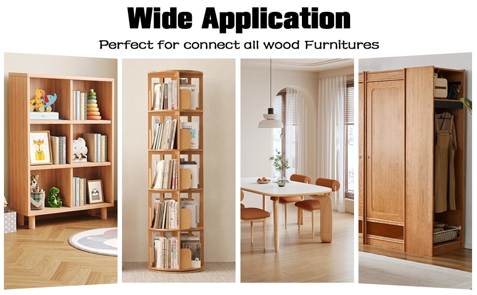 Vitrine à quatre panneaux présentant des applications de meubles en bois, notamment des étagères, une étagère à échelle, une salle à manger et une armoire en finition bois naturel