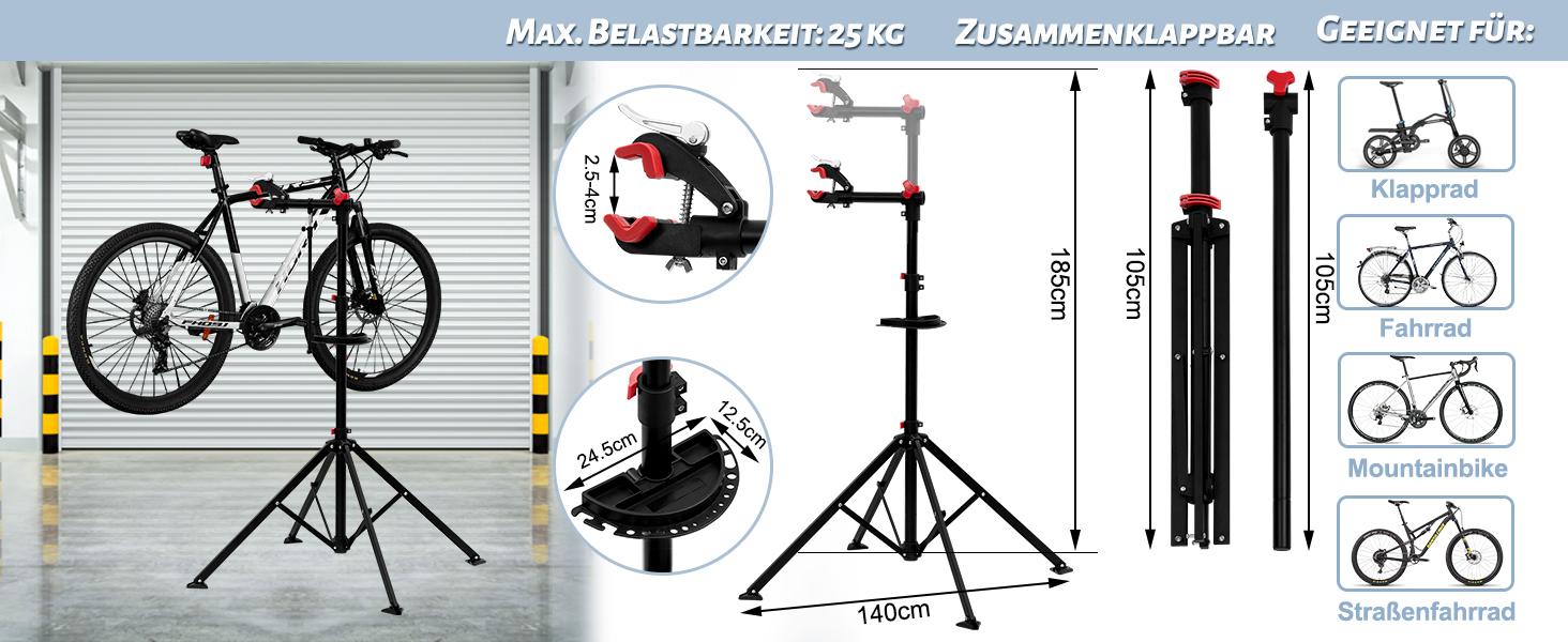 Bicycle repair stand technical diagram showing height adjustments, weight capacity, and compatibility specifications with sample bike mounting positions.