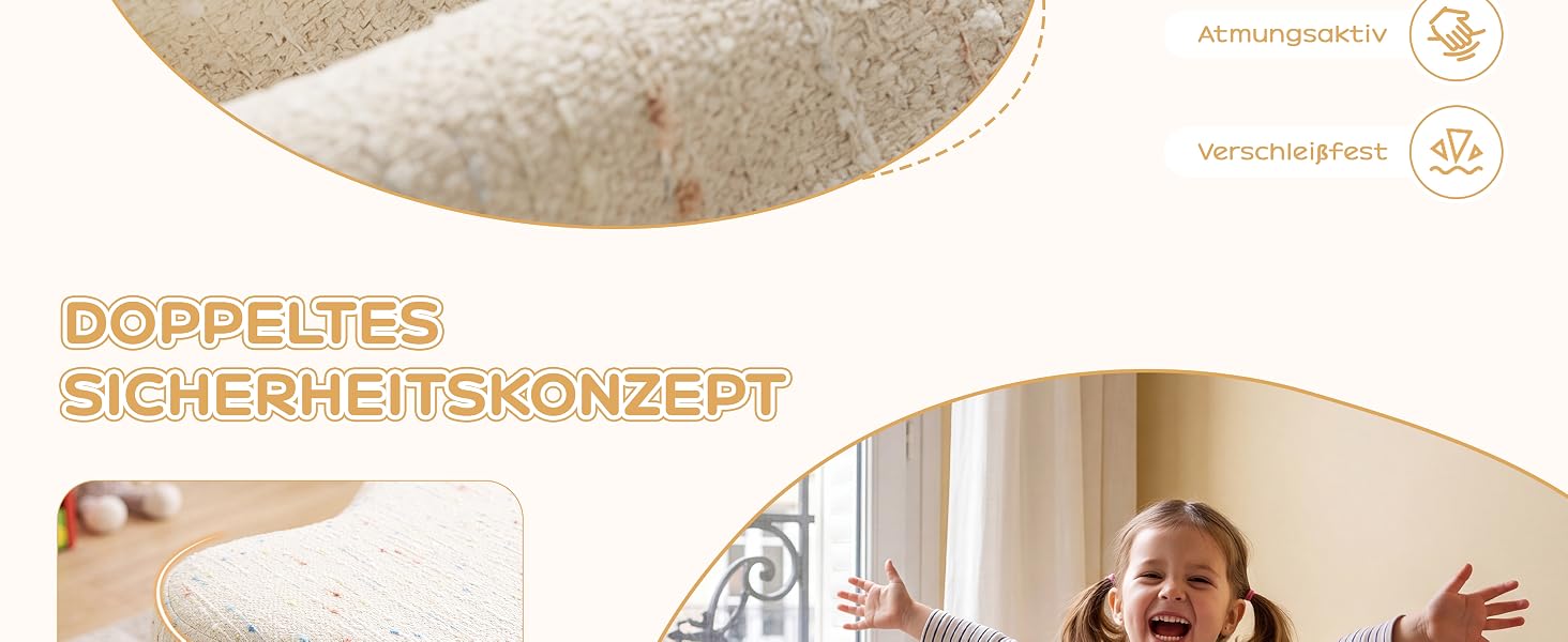 Der Text lautet „DOPPELTES SICHERHEITSKONZEPT“ mit deutschen sicherheitsrelevanten Inhalten. Beigefarbenes, gebogenes Schild oder Schutzgerät mit Produktbildern, die die Verwendung in Innenräumen zu Hause zeigen.