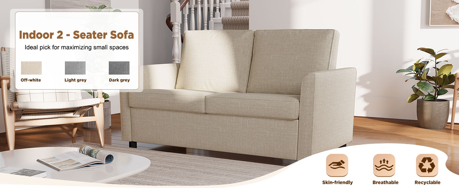 Text reads 'Image 5' and 'Indoor 2- Seater Sofa'. Beige fabric sofa shown from multiple angles in minimalist interior setting with white walls.