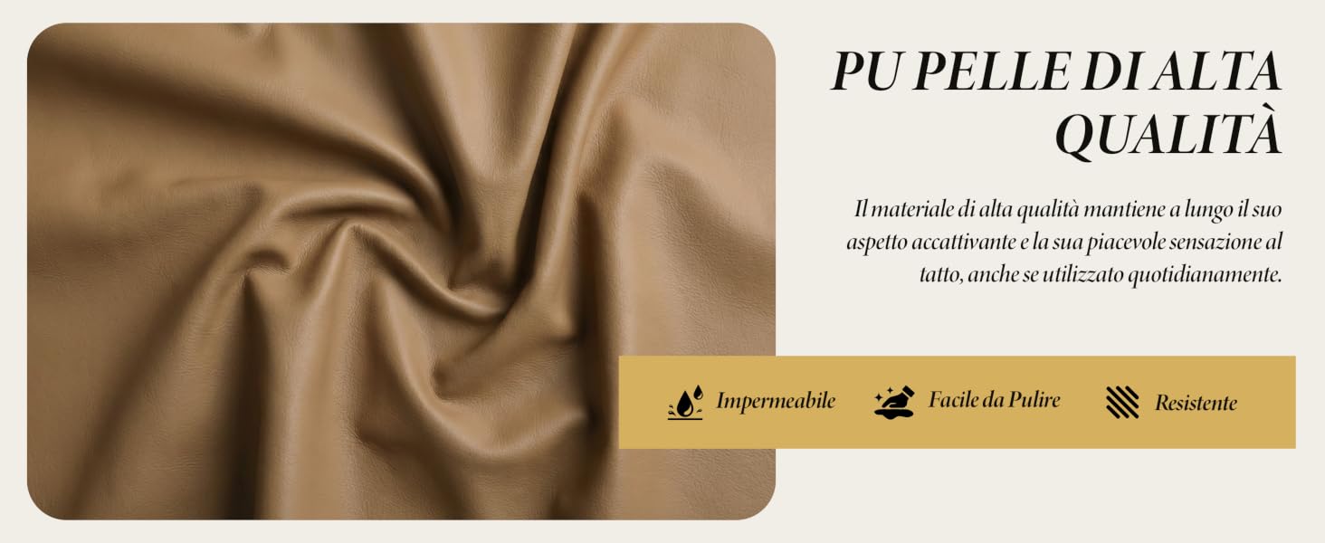 Il testo recita «PU PELLE D'ALTA QUALITÀ». Immagini ravvicinate di tessuto piegato che mostrano la trama e i dettagli della superficie nei caldi toni del marrone.