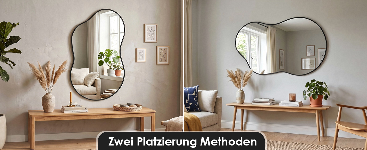 Le texte indique « Zwei Platzierung Methoden ». Deux miroirs muraux ovales avec des cadres en métal brossé sont exposés au-dessus d'un bureau en bois avec des objets décoratifs et des plantes.